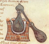 Alambic représenté sur un manuscrit du Moyen-Age